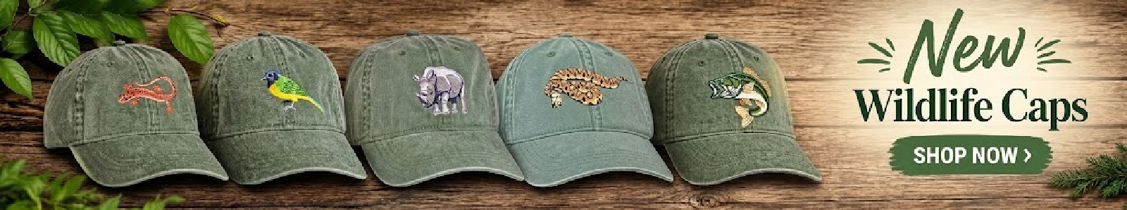 Assorted embroidered wildlife caps featuring birds and animals, available at Tom's Bird Feeders with free USA shipping.